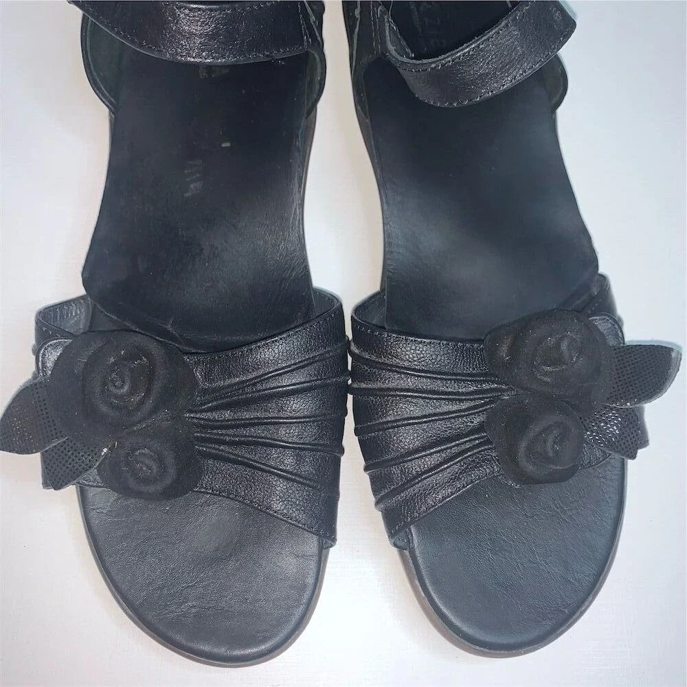 Ziera Sol Black Leather Floral Rosette Wedge Sandals‎ Mens 40 M